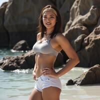 A joyful woman with long brown hair, wearing a gray sports bra and white shorts, standing confidently on a rocky beach, displaying a toned figure and moderate breasts, with light tanned skin. photo