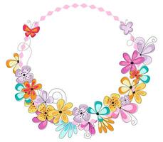 Bright spring summer scalloped frame with colorful flowers and butterflies. Easter celebration background. Spring frame for card, invitation. vector