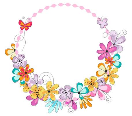 Bright spring summer scalloped frame with colorful flowers and butterflies. Easter celebration background. Spring frame for card, invitation.