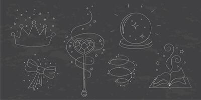 Magic wands and elements chalk doodle set. Fairytale element in sketch style. Hand drawn illustration isolated on white background vector