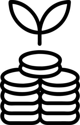 A black and white illustration of a plant growing out of a stack of coins