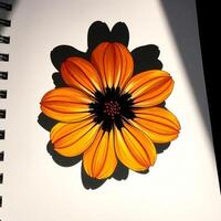 A flower is shown on a notebook with a black and white background photo