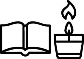 A book and candle are shown in a black and white outline vector
