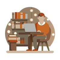 Man working on laptop in library with books and bookshelves vector