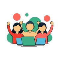 People sitting at a table with laptops and raising their hands vector