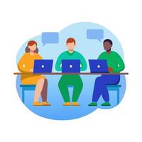 People sitting at a table with laptops and speech bubbles vector