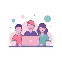 A group of people sitting at a table with a laptop vector