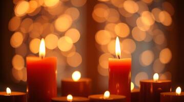 Candles are lit in front of a window with a bokeh effect photo