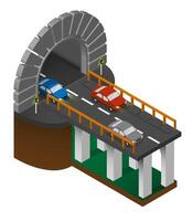 entrance to automobile tunnel with section of bridge and cars. Automobile bridge with arched tunnel in mountains. image vector