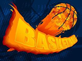 Fiery red hot sports ball for game flies over name and basketball backboard. Background sports competitions in street and in gym. image vector