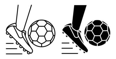 Linear icon. Foot in spiked sports boot hits soccer ball. Passing, hitting ball by player in command play on field or in training. Simple black and white isolated on white background vector
