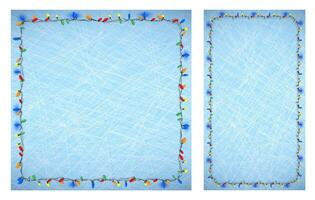 blue backgrounds with lines of scratches on ice and frames of multi colored Christmas lights for garlands. Festive winter frosty background. image vector
