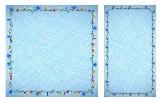blue backgrounds with lines of scratches on ice and frames of multi colored Christmas lights for garlands. Festive winter frosty background. image
