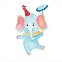 Watercolor cute elephant of a juggling circus clown with a plate. Illustrated composition isolated from the background. Hand drawn illustration for kids and nursery, invitations, templates vector