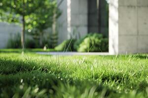 A grassy area with trees and a concrete building photo