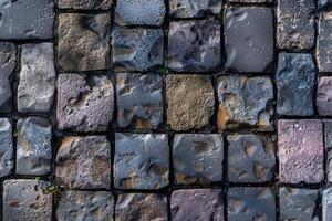 A close up of a cobblestone street with many different colors photo
