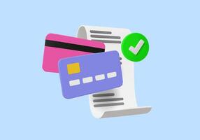 3D rendering of online payment and financial transaction concepts. Show two credit cards receipt and check mark Ideal for e-commerce, cashless transactions, finance and online banking. vector