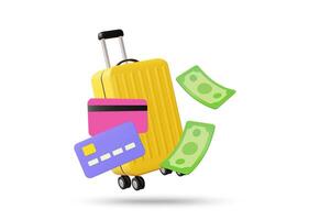 3D illustration render of suitcase icon, credit card and banknotes. Concept of financial preparation for travel. Digital or cash payment for convenience isolated on white background. vector