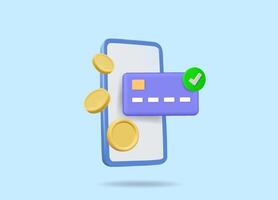 3D render illustration of smartphone, credit card and gold coin icons. With a check mark indicating a successful transaction. E-wallet concept, online payment, cashless technology. vector
