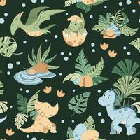 Seamless pattern with cute dinosaurs in flat style. Endless texture with baby dinosaurs with palm leaves, footprints and plants. Background for fabric, wallpaper, wrapping paper, scrapbooking vector