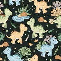 Seamless pattern with cute dinosaurs in flat style. Endless background with baby dinosaur, tropical plants and footprints. Kiddie background for fabric, wallpaper, wrap vector