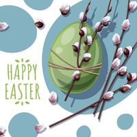 Happy Easter Square Card with Easter Egg and Willow Branch on Blue Background. Happy Easter Design. Perfect for Posters, Greetings, Social Media, and Banners. Celebrate Spring vector