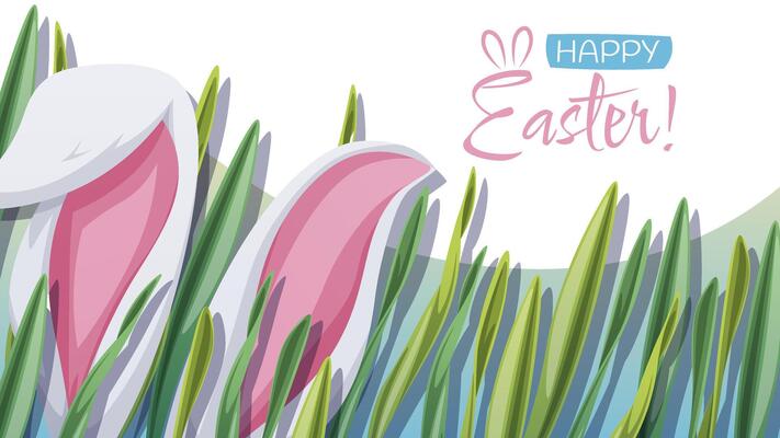 Happy Easter Banner Design with Bunny Ears Peeking from Grass. Happy Easter Celebration. Spring Background for Cards, Posters, and Social Media. Perfect for Festive Promotions.