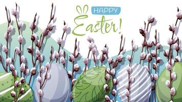 Happy Easter Banner Design with Colorful Easter Eggs and Fluffy Willow Branches. Spring Background vector