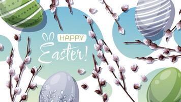 Happy Easter Banner Design with Colorful Easter Eggs and Fluffy Willow Branches. Spring Background for Card vector