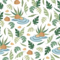 Seamless pattern with tropical leaves in flat style. Endless texture with palm leaves, rocks and pond. Botanical background for fabric, wallpaper, wrapping paper vector