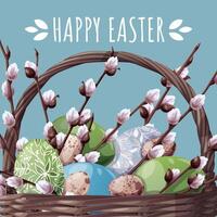 Happy Easter Square Card with Basket of Colorful Eggs and Willow Branches on Blue Background. Happy Easter Design. Perfect for Greetings, Social Media, Banners, and Festive Promotions. vector
