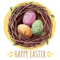Happy Easter Square Card with Nest and Colorful Eggs. Happy Easter Design. Perfect for Posters, Greetings, Social Media, Banners, and Spring Backgrounds vector