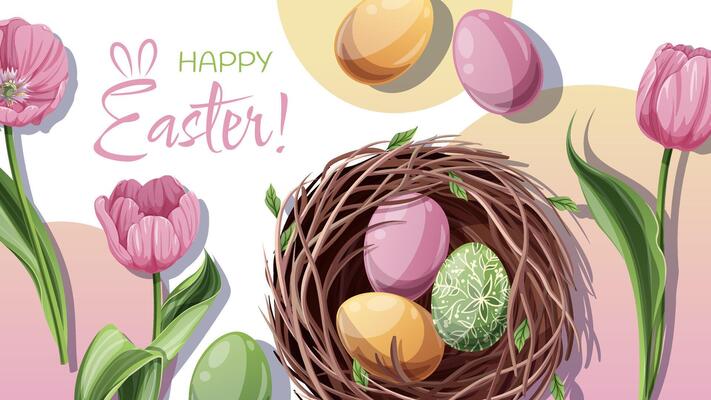 Happy Easter Banner Design with Nest, Colorful Eggs, and Tulips. Happy Easter Celebration. Spring Background for Cards, Posters, and Social Media. Perfect for Festive Promotions