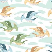 Seamless pattern with cute dinosaurs in flat style. Endless texture with flying pterodactyl on spotted background. Childish background for fabric, wallpaper, wrapping paper vector