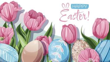 Happy Easter Banner Design with Colorful Easter Eggs and Pink Tulips. Background for Cards vector