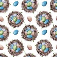 Seamless Pattern with Nest and Colorful Easter Eggs. Delicate Spring Texture for Fabric, Wallpaper, Wrapping Paper vector