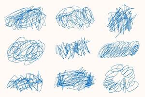 Blue chaotic scribble lines collection on white background. Scrawl messy lines, expressive linework sketches. vector