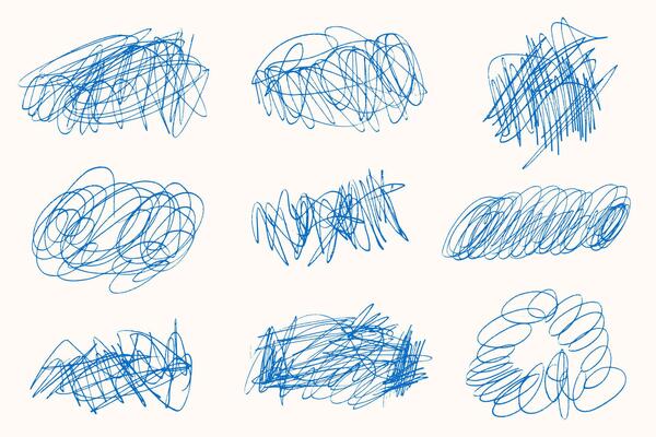Blue chaotic scribble lines collection on white background. Scrawl messy lines, expressive linework sketches.