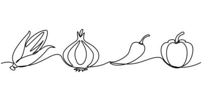Continuous one line drawing of set of vegetables one line drawing illustration of set of ripe vegetables vector