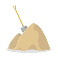 Icon of a large pile of sand with a shovel on a white background. Sand for construction work. vector
