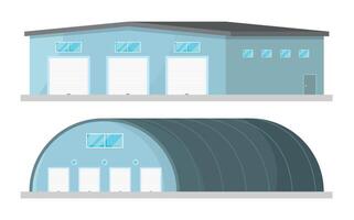 Warehouse icons with roller shutters. Side view. Concept of building for storage of goods. vector