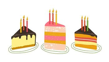 illustration with three pieces of cake and bright colored candles on a white background. vector