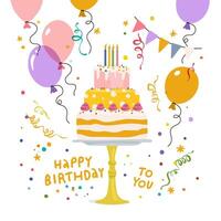 illustration of a festive birthday cake with colorful balloons, confetti and a cake. vector