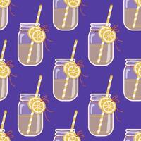 Cute seamless pattern with mason jar glass of lemonade with lemons and straw. illustration. vector