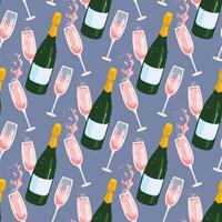 Seamless pattern with sparkling wine and glasses splashes and bubbles on a blue background. vector