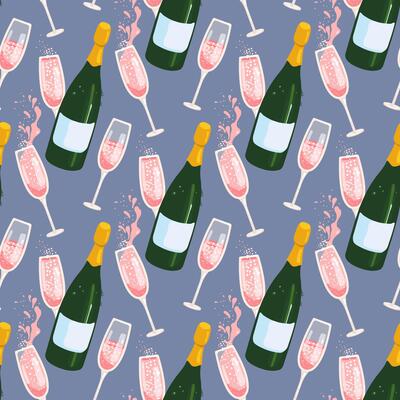 Seamless pattern with sparkling wine and glasses splashes and bubbles on a blue background.