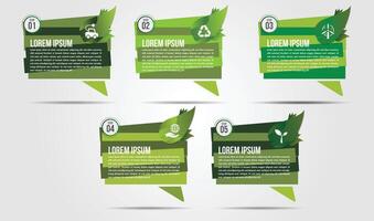 Ecology infographics green friendly environment with leaf and world map design layout.Recycle system element sustainable growth with 5 options, parts vector