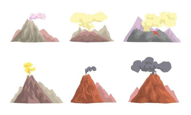 Volcano Eruption Collection, Volcanic Activity with Smoke Illustration