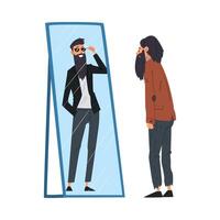 Hipster Man Standing in Front of Mirror Looking at His Reflection and Imagine Himself as Successful and Attractive, Man Seeing Himself Differently in Mirror Illustration vector