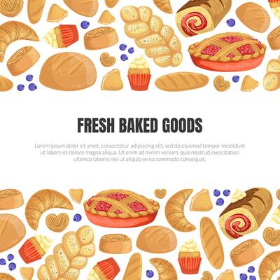 Fresh Baked Goods Banner Template with Baking Products Seamless Pattern and Place for Text Illustration